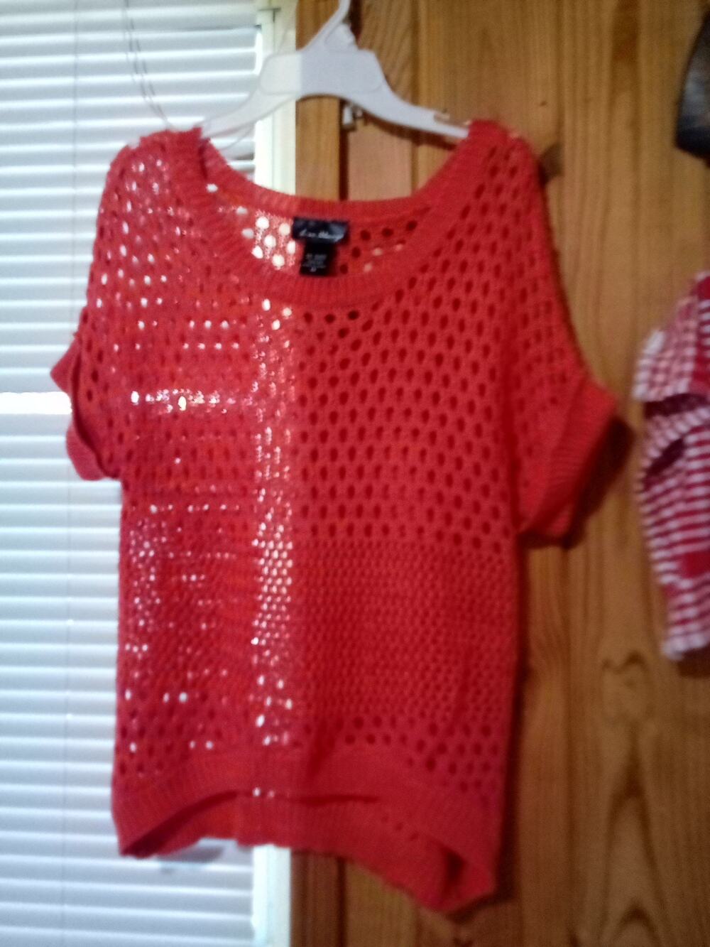 Love Always Knit Crochet Top Open Weave Short Sleeve Coral Orange Size M